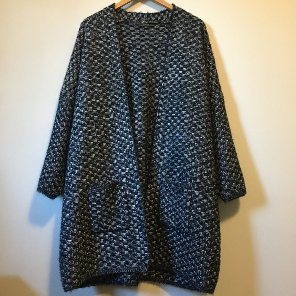 Kurt Cobain Style Grey Checkered Chunky Knit Oversized Cardigan XL